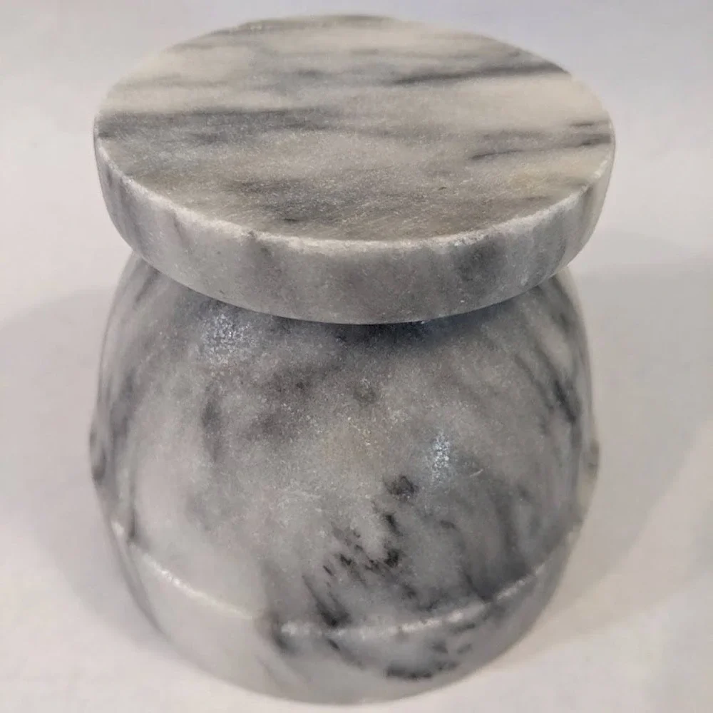 Grey White Veined Marble Mortar & Pestle Set Pedestal Base Kitchen Spice Grinder